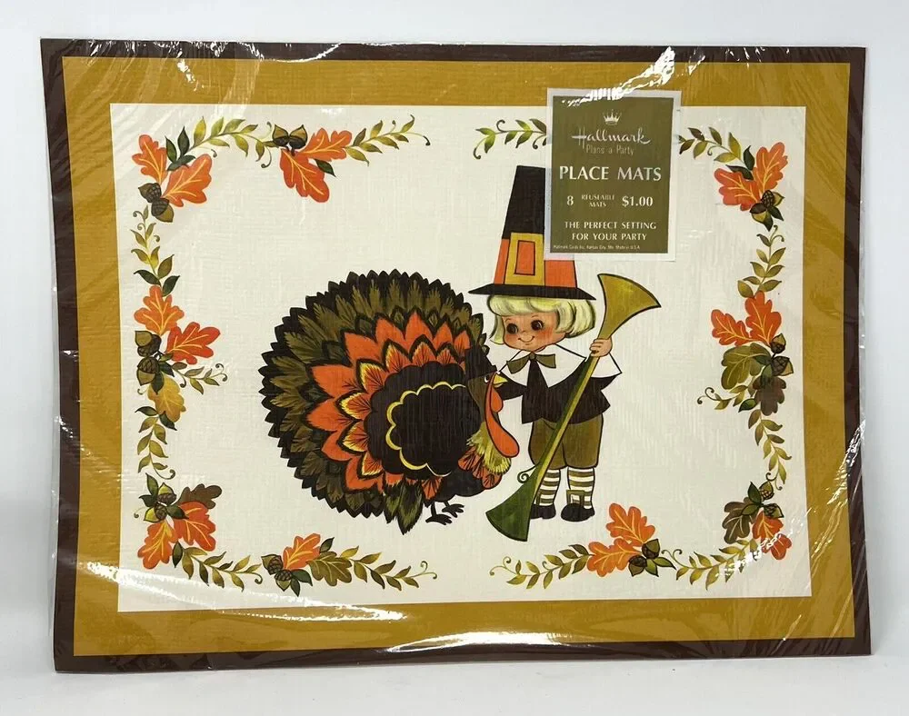 VTG 70s Thanksgiving 8 reusable Placemats Hallmark Plans-a-Party Big Eye Girl